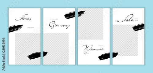 Vector giveaway story trendy templateset. Black and white frames with hand drawn brush strokes and place for photo. Design for social media post, ad, announcement of winner, voucher.