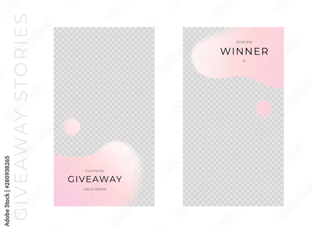 Vector abstract giveaways post template set. Pink color romantic style fluid shapes. Giveaway and winner frame. Design for social media blog advertising, promotion, announcement, freebies, message.