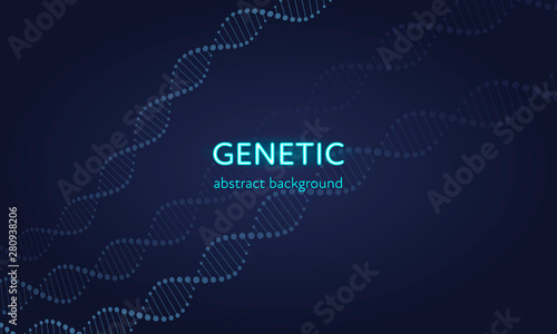 Vector genetic abstract banner template. Neon color glowing illustration. Gene dna spiral with text on dark blue background. Design element for education, healthcare, medicine, science.