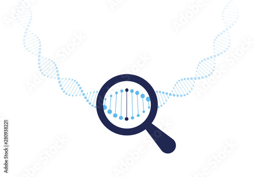 Vector genetic testing banner template. Gene dna spiral and magnifier glass on white background. Design element for education, healthcare, medicine, science, clinic, experiment, therapy, research