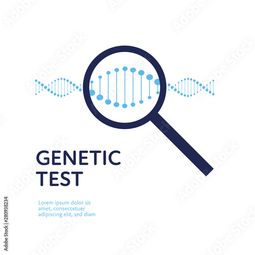 Vector genetic testing banner template. Gene dna helix, magnifying glass on white background. Design element for education, healthcare, medicine, science, clinic, experiment, therapy, research