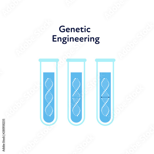 Vector genetic engineering banner template. Three blue color testing tubes symbolising change of dna on white background. Design element for medicine, science, clinic, experiment, therapy, research