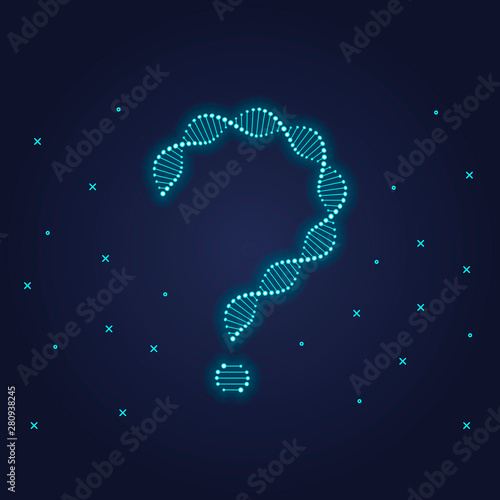Vector genetic abstract banner template. Neon color glowing illustration. Question mark of gene dna spiral on dark blue background. Design element for education, healthcare, medicine, science.