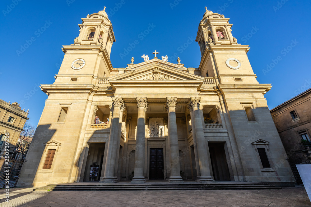 Wide angle view of the facade of Pamplona Cathedral (Santa Maria la Real), built in 15th century, Navarre, Spain