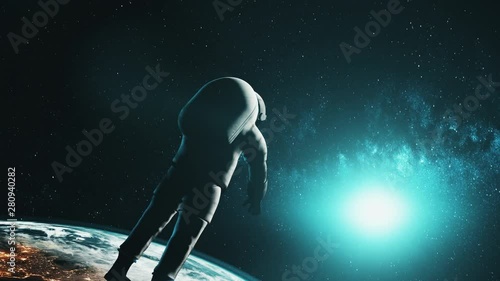 computer graph professional spaceman flies in outer space against bright white sunlight backside view. 3d animation. Science and technology concept. 4K. Elements of this media furnished by NASA