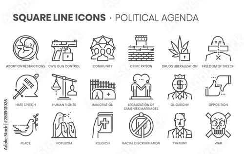 Political agenda related, square line vector icon set for applications and website development. The icon set is pixelperfect with 64x64 grid. Crafted with precision and eye for quality.