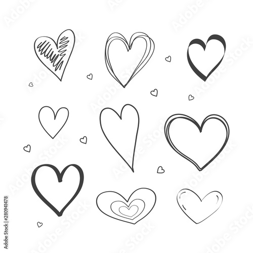 Set of drawings of the heart the doodle style. Hand-drawn illustration. Vector.