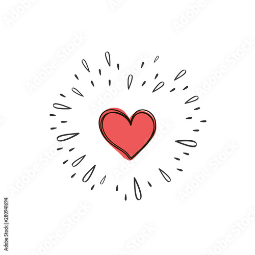 Red Heart with Sunburst. Vector Explosion. Hand drawn Design Element. doodle style.