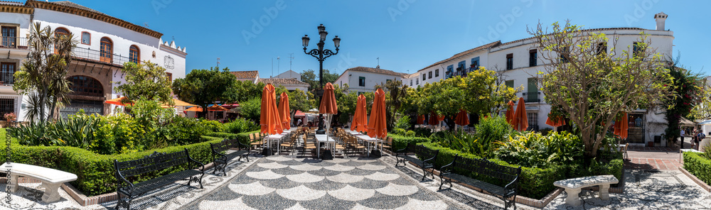 Plaza de los Naranjos (Plaza of the Oranges) located in Marbella, Spain is plaza established in 1485 with restaurants, shops and a fountain surrounded by orange trees.