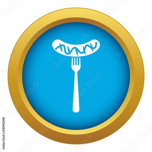 Grilled sausage on a fork mustard icon blue vector isolated on white background for any design