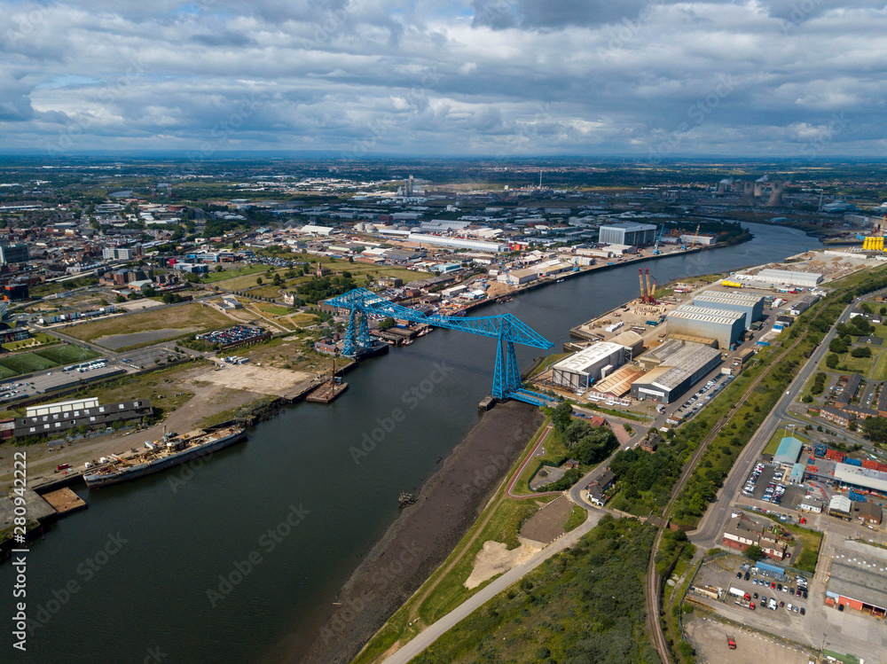 The River Tees showing the iconic Tees Transporter bridge that crosses Middlesbrough and Stockton on Tees
