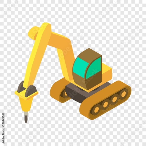 Yellow excavator hammer icon. Isometric illustration of yellow excavator hammer vector icon for web