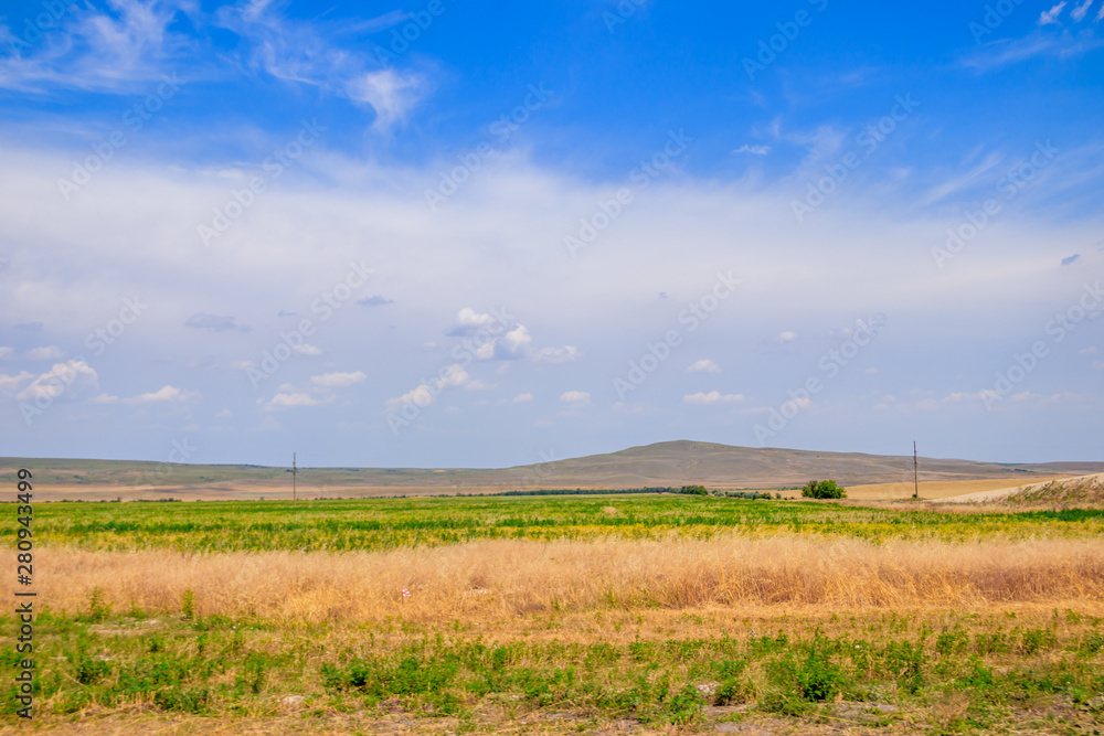 Russian open spaces. Crimea. Field. Summer Russian landscapes. . Grass and sky. Background summer landscape. Crimean fields
