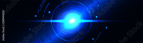 Futuristic Vector Banner. Abstract circle with flash in the middle and shiny elements on a dark background. Futuristic engineering. Circle hitech vitality innovation. Vector design background
