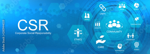 CSR Social Responsibility, template web page banner with icons and  conceptual text.  Idea of responsibility and social life. Abstract background CSR, Vector illustration