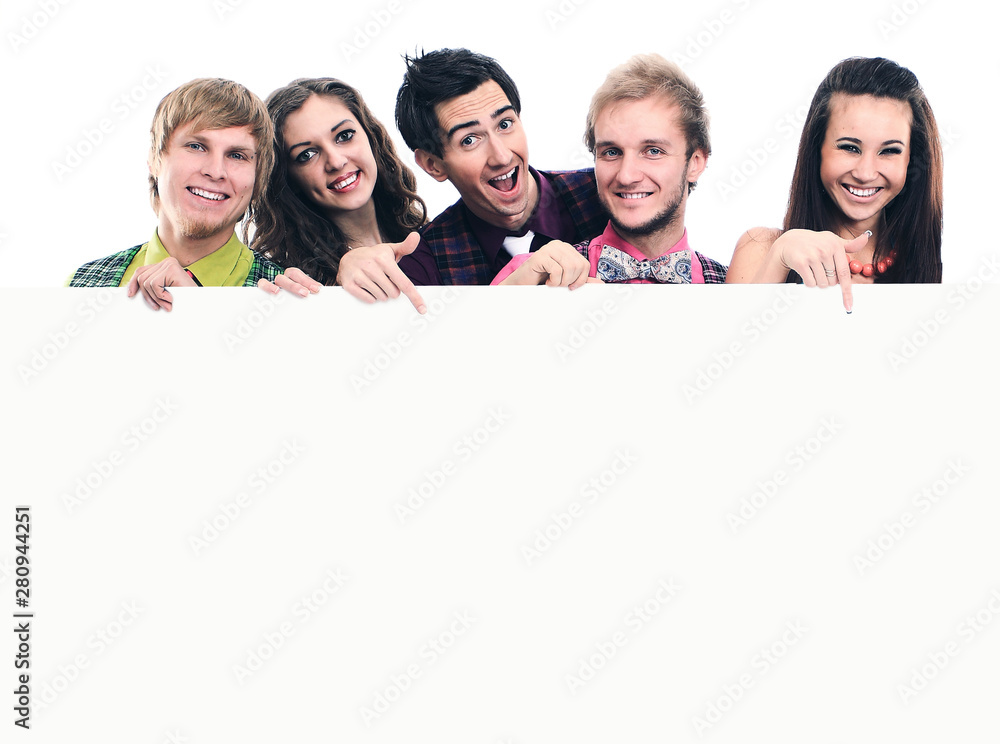 Group of happy people with banner. Isolated on white background Group of happy people with banner. Isolated on white background