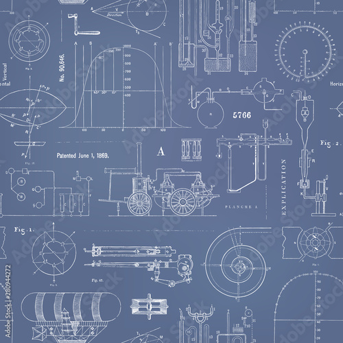 seamlessly tiling vector steampunk pattern with various graphs, charts and construction drawings for machinery and dirigibles as a vintage/retro blueprint