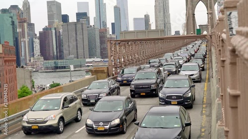 New York, United States, June 10, 2018: Traffic leaving the Brooklyn bridge towards Brooklyn in New York