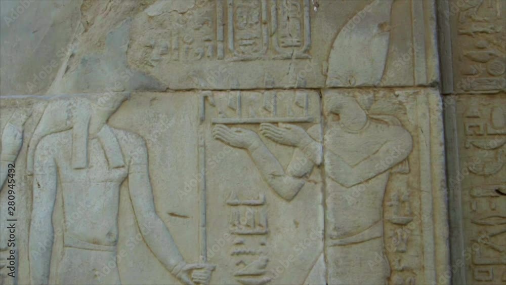 Ancient Egyptian wall carving reliefs at Temple of Kom Ombo, closeup Ancient Egyptian wall carving reliefs at Temple of Kom Ombo, closeup