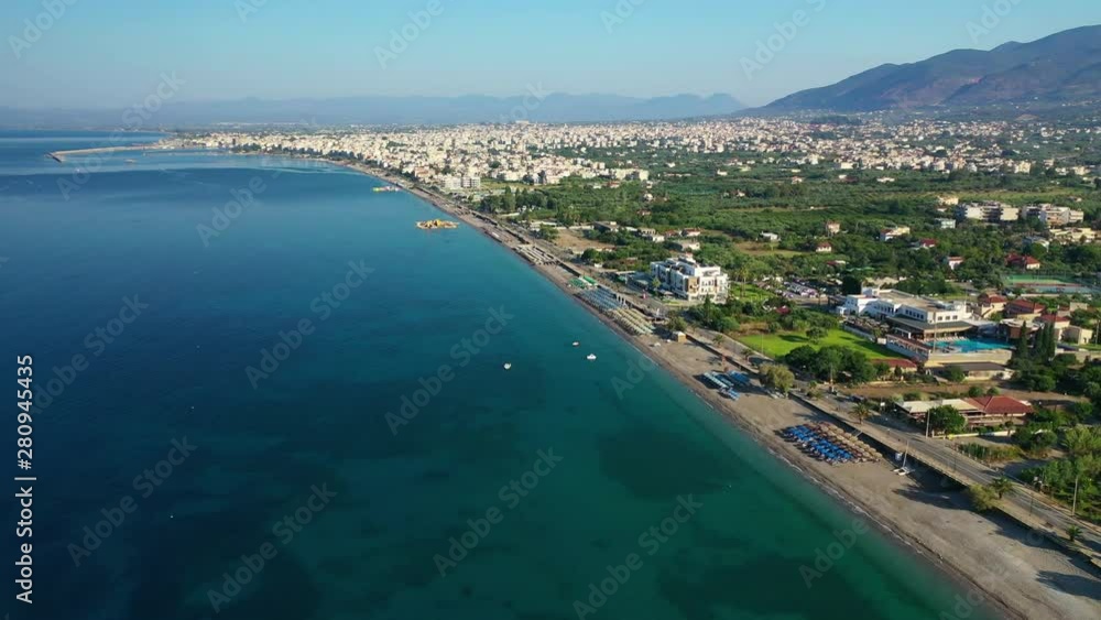 Aerial drone video from famous seaside town and sandy beach of Kalamata, Messenia, South Peloponnese, Greece Aerial drone video from famous seaside town and sandy beach of Kalamata, Messenia, South Peloponnese, Greece