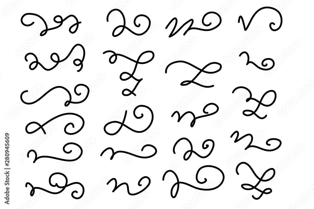 Set of hand drawn lettering and calligraphy swirls, squiggles. Vector ink decorations for composition