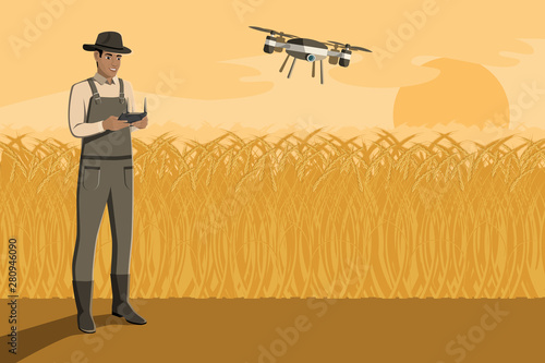 Black african american farmer with remote controller control drone on a wheat field. Digital transformation in agriculture and smart farming. Vector illustration EPS10