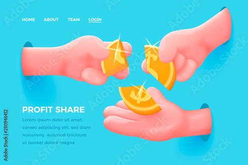 Vector site concept - cartoon 3d realistic hands share golden dollar, with place for your text. Finance landing page template.