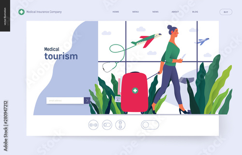 Medical tourism - medical insurance template -modern flat vector concept digital illustration - a young woman in the airport going to flight departure for the treatment abroad, medical toursm metaphor