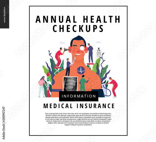 Annual health checkups -medical insurance template -modern flat vector concept digital illustration -doctor team examing male patient checking hearing, vision, heart, lungs, blood pressure, blood test