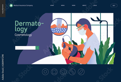 Dermatology, cosmetology -medical insurance template -modern flat vector concept digital illustration of a dermatologist carrying out the procedure of laser treatment, medical office or laboratory