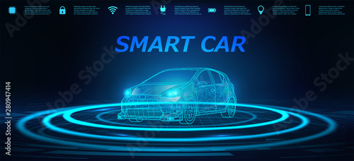 Smart Car Banner. Abstract image of a smart or intelligent car in the form of a starry sky or space. X-ray hologram in HUD style. 3D Electric machine. IOT Autonomous car vehicle with icons infographic