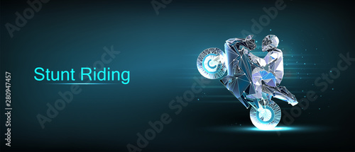 Stunt Riding concept banner. Moto show. Motorbike rider riding on the rear wheel. Sport motorbike in the form of a starry sky or space, consisting of points. Polygonal and low poly style. Vector image
