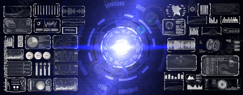 HUD UI GUI elements set pack. Digital abstract lens flare space and interface elements  (You can repaint a different color in 1 click). Futuristic concept, energy reactor and HUD interface. Vector