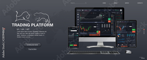 Trade platform UI design. Web Site Screen template. The concept of a universal application with cryptocurrency and finance (Binary option, forex market) App for online trading ,tablet, smartphone, pc.
