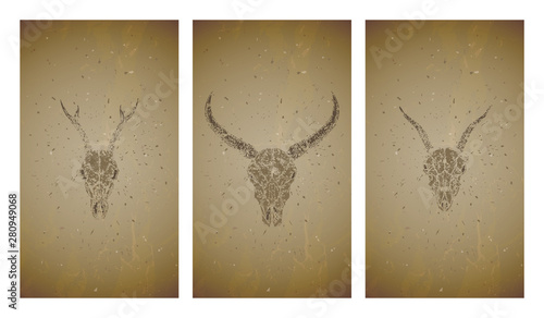 Vector set of three illustrations with grunge silhouettes skulls wild buffalo, goat and roe deer on old texture background. Vintage sketch in sepia color.
