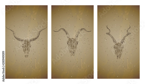 Vector set of three illustrations with grunge silhouettes skulls antelopes and goat on old texture background. Vintage sketch in sepia color.