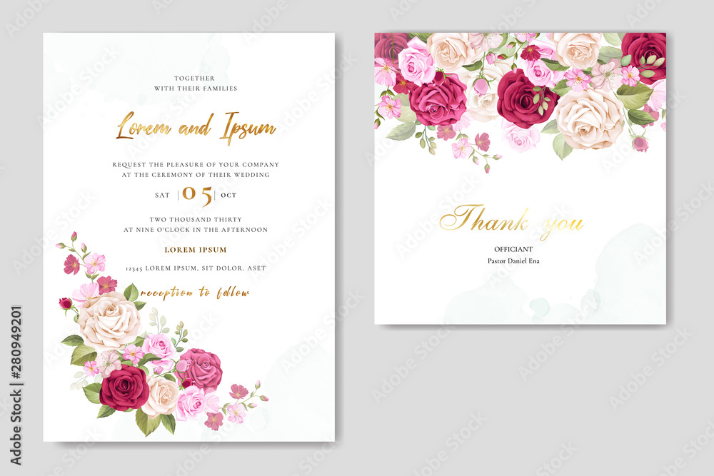 wedding invitation card with floral and leaves background template 