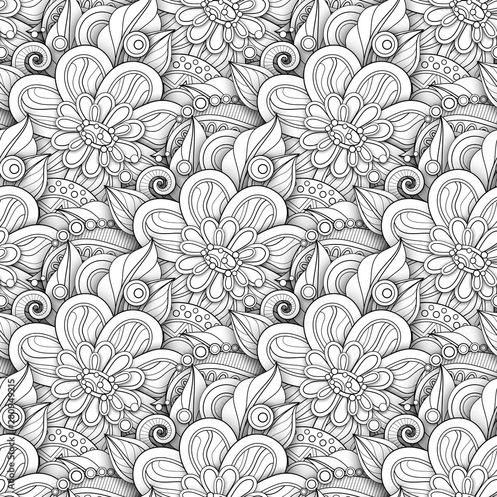 Obraz premium Monochrome Seamless Pattern with Floral Motifs