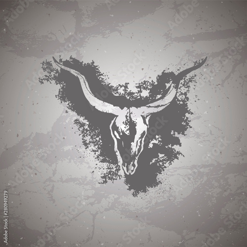 Vector illustration of hand drawn skull antelope and grunge elements on vintage background.