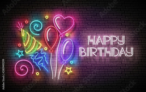 Glow Greeting Card with Different Balloons, Holiday Hat, Confetti and Happy Birthday Inscription