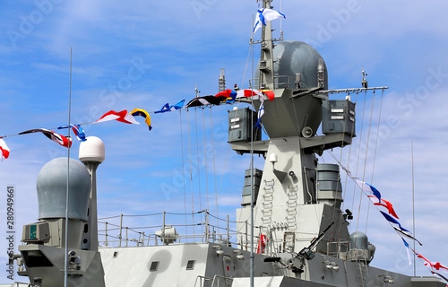 Modern warship of the Russian Navy, view from the ship feed