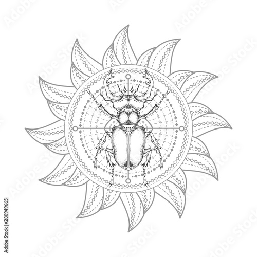 Fototapeta Naklejka Na Ścianę i Meble -  Vector illustration with hand drawn stag beetle and Sacred geometric symbol on white background. Abstract mystic sign.