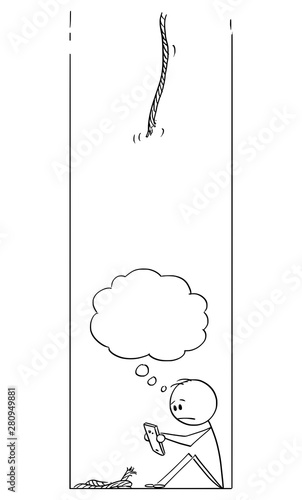 Vector cartoon stick figure drawing conceptual illustration of man trapped in hole and using mobile phone or cellphone, and saying something in empty speech bubble.