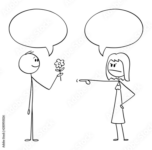 Vector cartoon stick figure drawing conceptual illustration of romantic man holding flower and giving it to angry woman. Both are saying something and have empty speech bubble or balloon above.