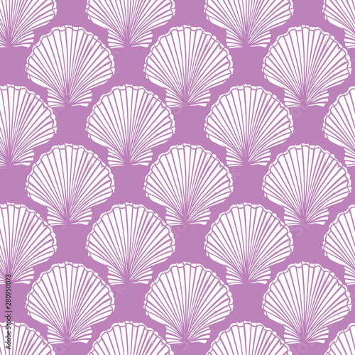 Vector purple and white seashells repeat pattern. Suitable for gift wrap, textile and wallpaper.