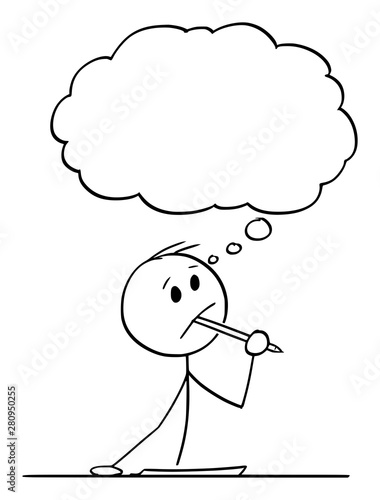 Vector cartoon stick figure drawing conceptual illustration of creative man or businessman or writer thinking about something, with ballpoint pen in mouth and piece of paper on the table.