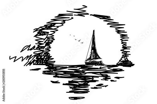 Sketch of a yacht at sunset