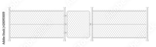 Realistic chain link fence with closed gate. Metal wire fence isolated vector illustration.