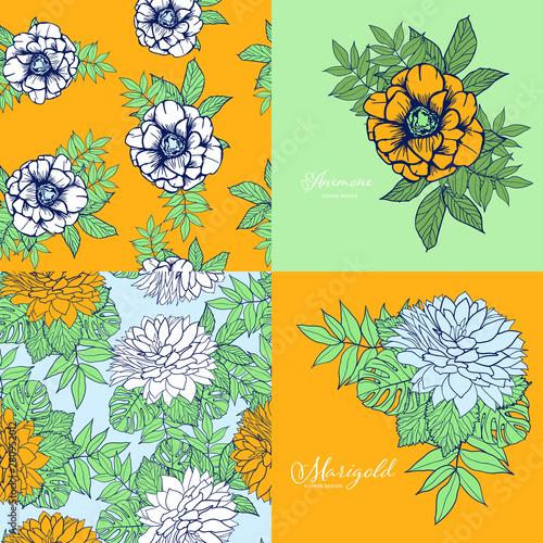 Summer Hibiscus, Marigold and Anemoon flowers design set   photo