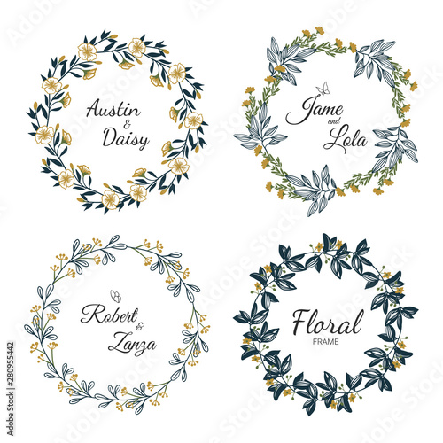 Hand drawn floral wreath collection for wedding, marry card.
